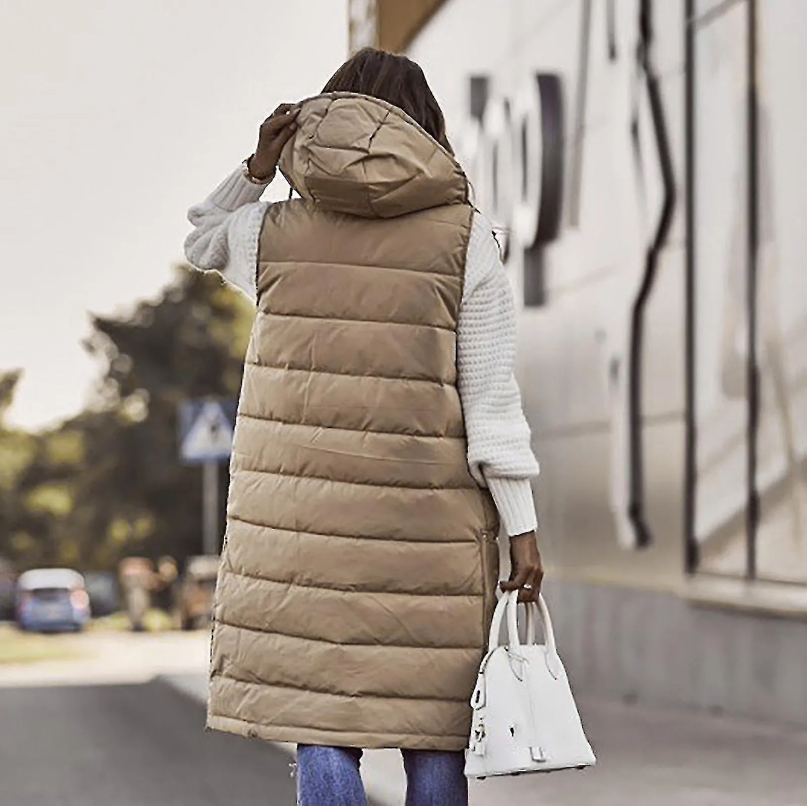WOMEN'S SOLID COLOR HOODED SINGLEBREASTED MIDLENGTH PADDED VEST SLEEVELESS POCKET JACKETXLBEIGE
